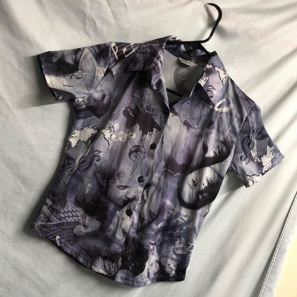 Cricket brand boys print button up collared short sleeve dress shirt blue M/L